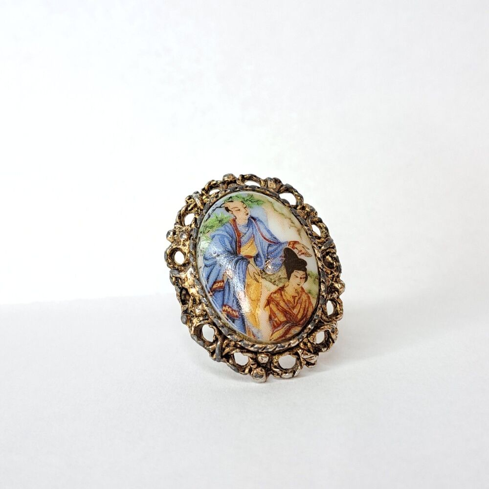 Vintage Oriental Ring Asian Culture Jewelry Ceramic Adjustable Brushed Gold Tone - Picture 3 of 7